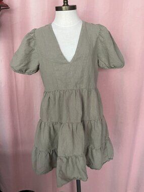 Zara Linen Blend Puff Sleeve Dress Size M Sage Green Tiered Mini Dress